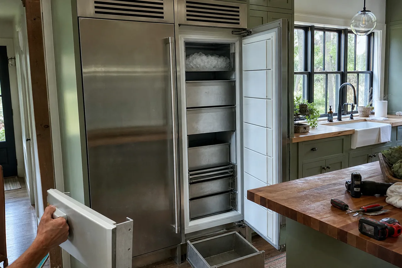Open stainless column freezer with an ice bin above stacked metal drawers, its bottom drawer pulled out while a hand holds the detached white drawer front beside a tool-strewn butcher-block island