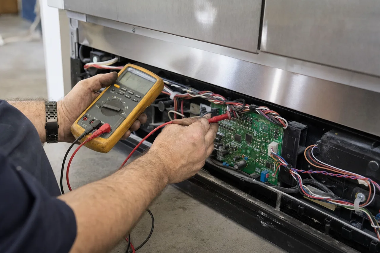 Yellow multimeter reading a green control board through the opened base grille of a built-in refrigerator