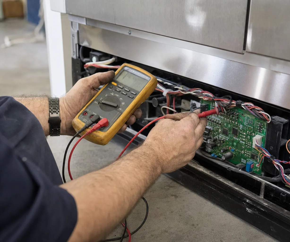 Wiring loom and circuit board exposed at the base of an under-counter stainless cabinet with meter probes in place