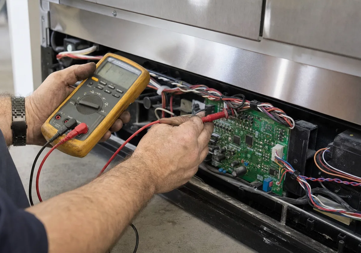 Technician tracing a harness from an ice-maker module back to the board behind a stainless base panel