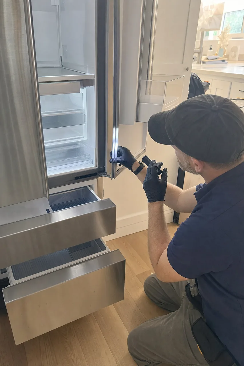 Mirrored frame of a technician on one knee at an open refrigerator column, tool in hand
