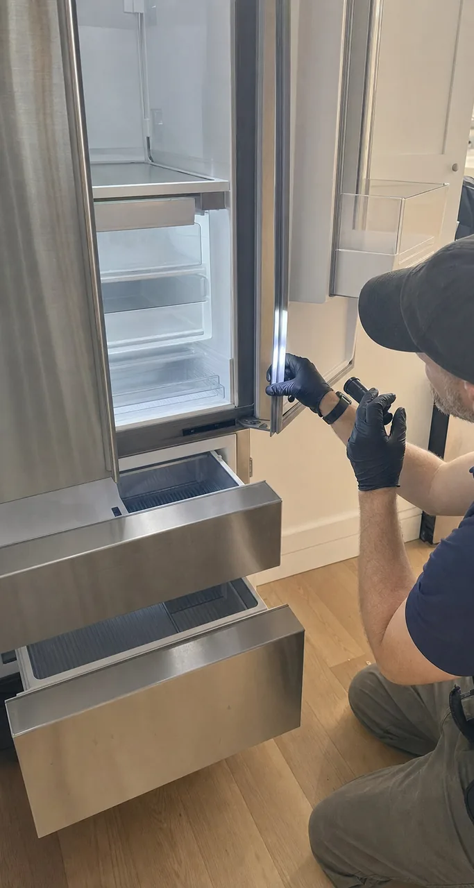 Technician working inside the freezer side of a tall built-in refrigerator in a wide, modern kitchen